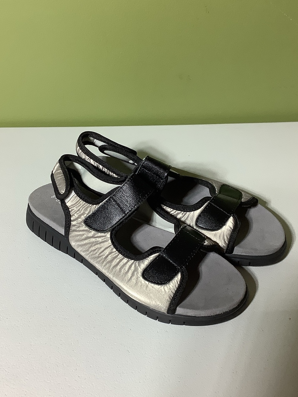 Bernie Mev silver and black sandals, size 8-8.5
